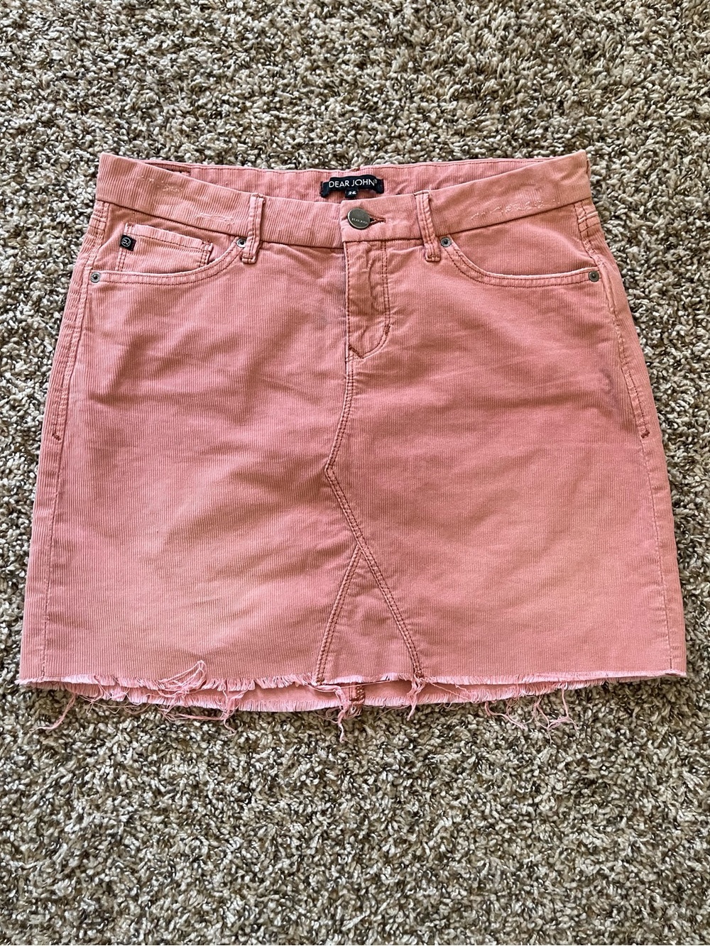 Dear John Pink Corduroy Mini Skirt Raw Hem Distressed Jean Style Women’s Size 26